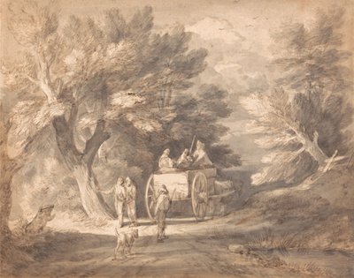 カントリーカートと車線を歩いている人物の緑豊かな風景 作： Thomas Gainsborough